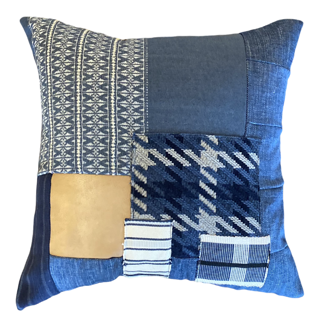 Blue Denim Multiblock Pillow with Leather Accent