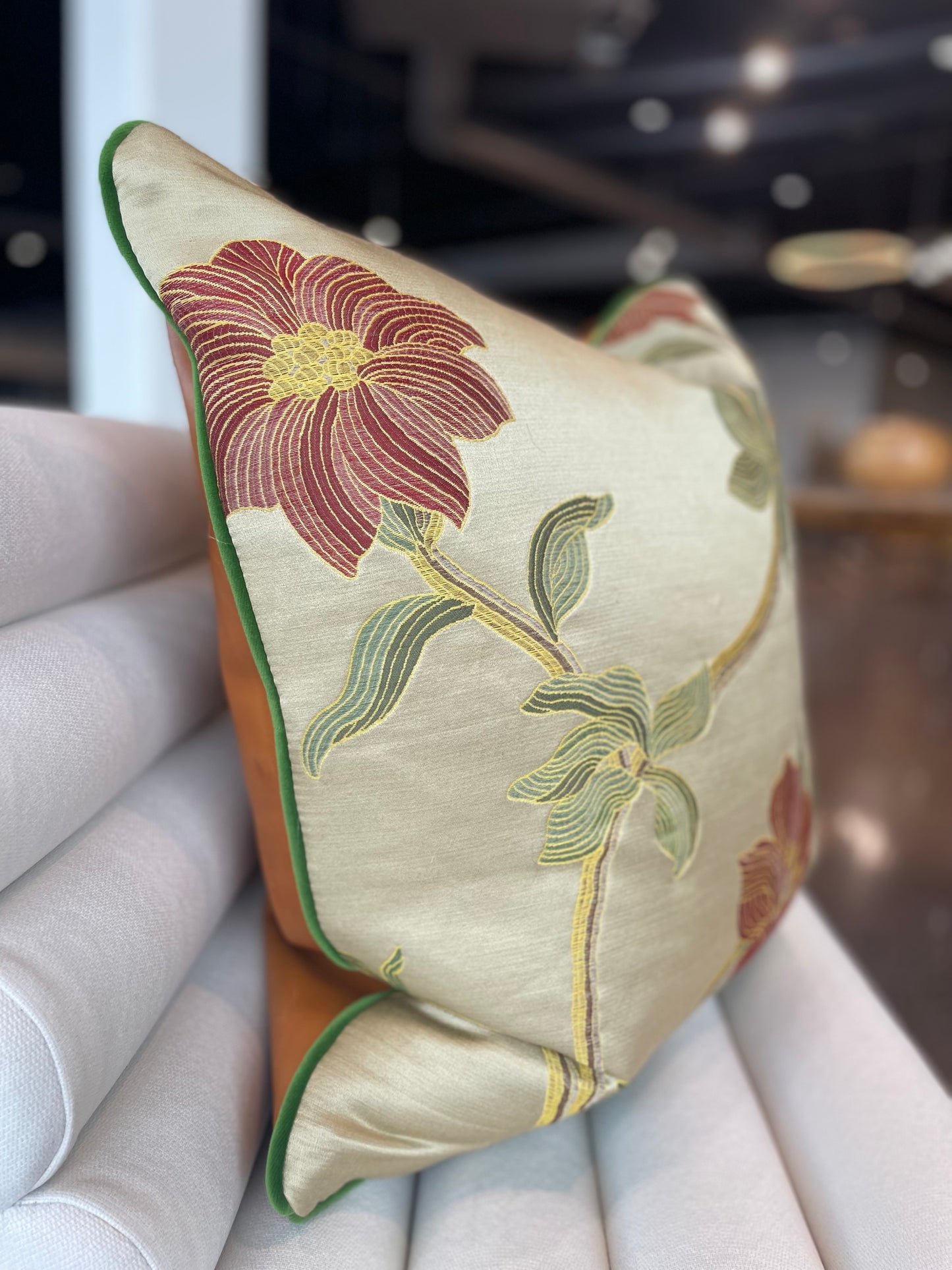 Silk Flower with Green Velvet Welt and Saddle Leather Back