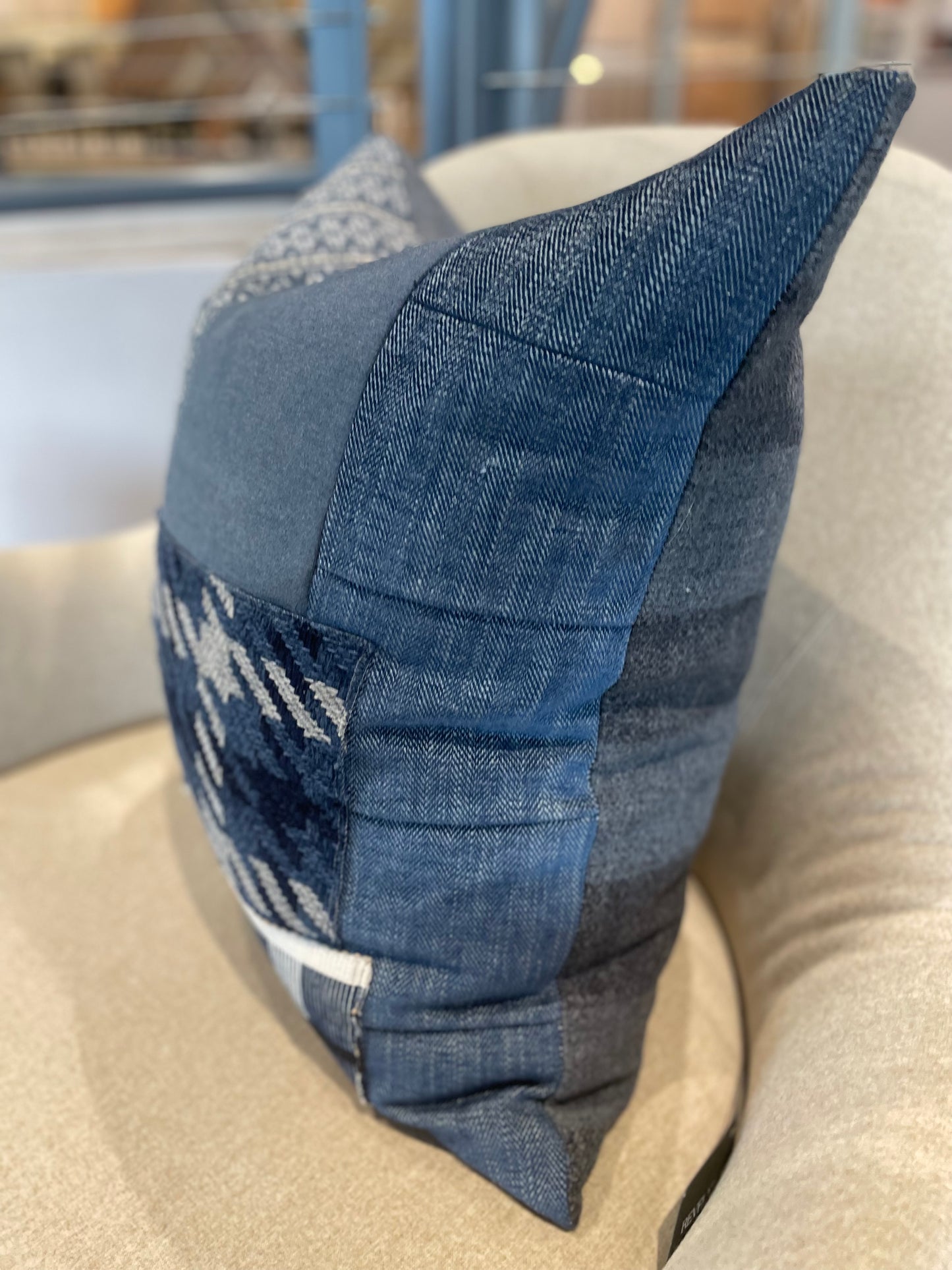 Blue Denim Multiblock Pillow with Leather Accent