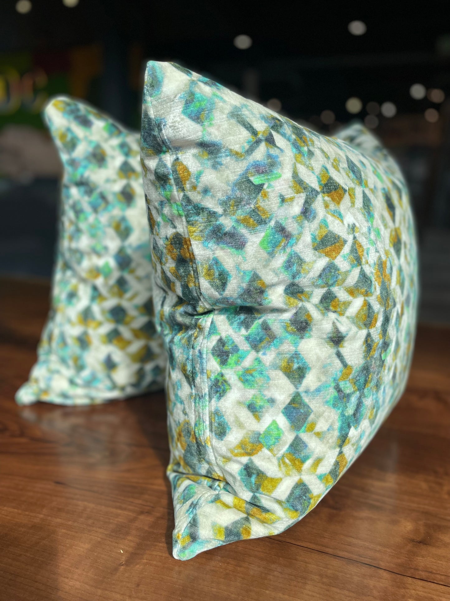 Confetti #2 turquoise and mustard Knife Edge Velvet Pillows