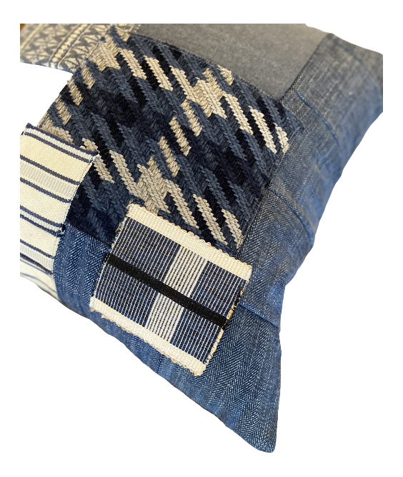 Blue Denim Multiblock Pillow with Leather Accent