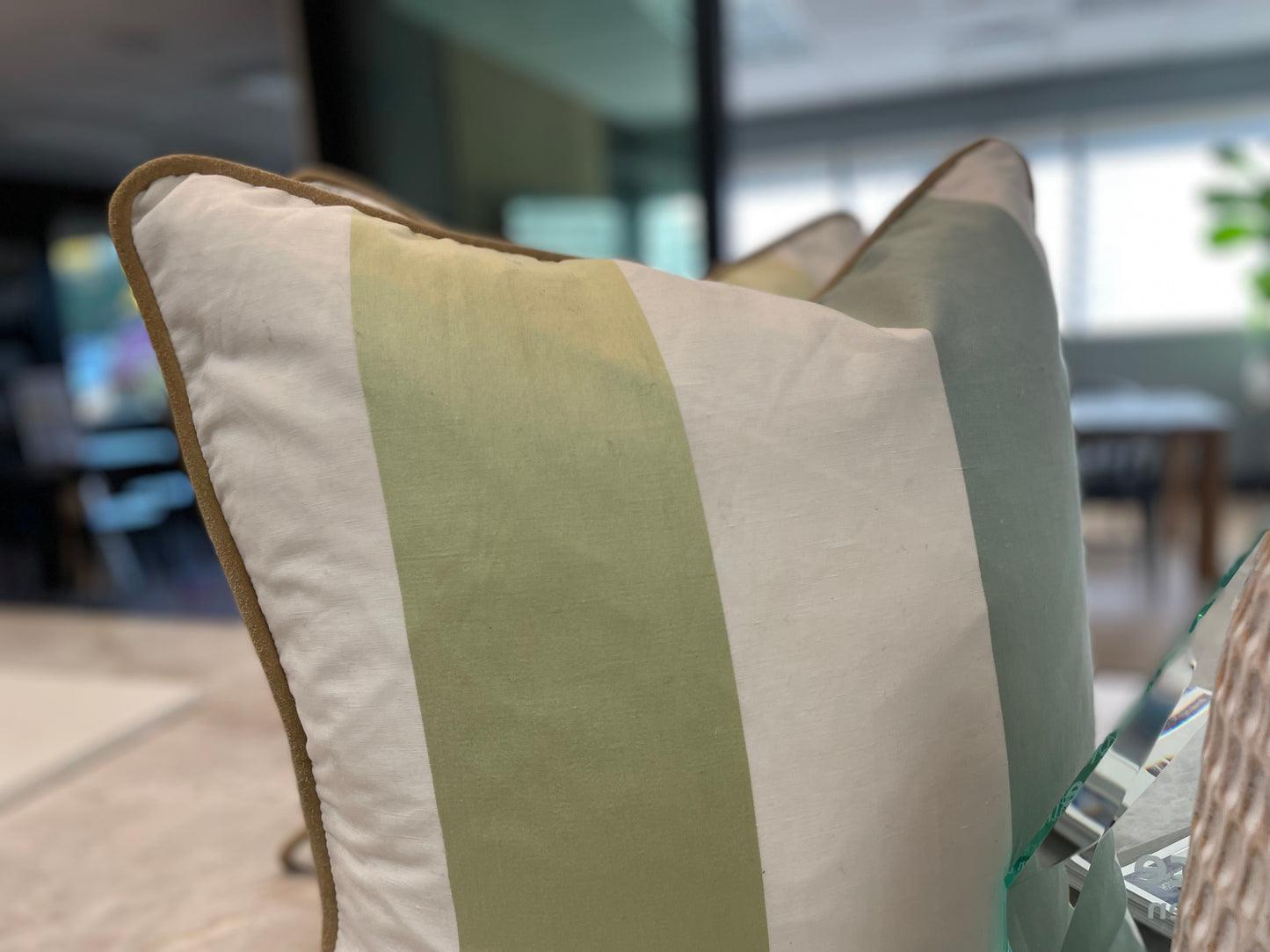 Aqua and Lime Green Linen Stripe with Suede Piping and Summer Wide Stripe Back