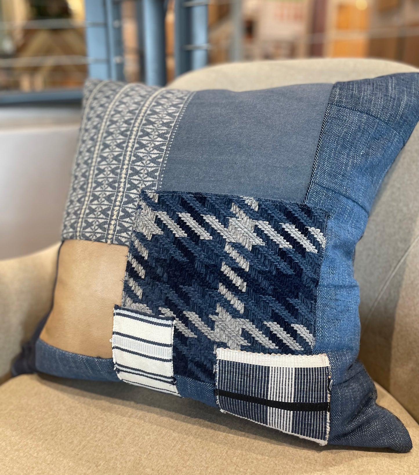 Blue Denim Multiblock Pillow with Leather Accent