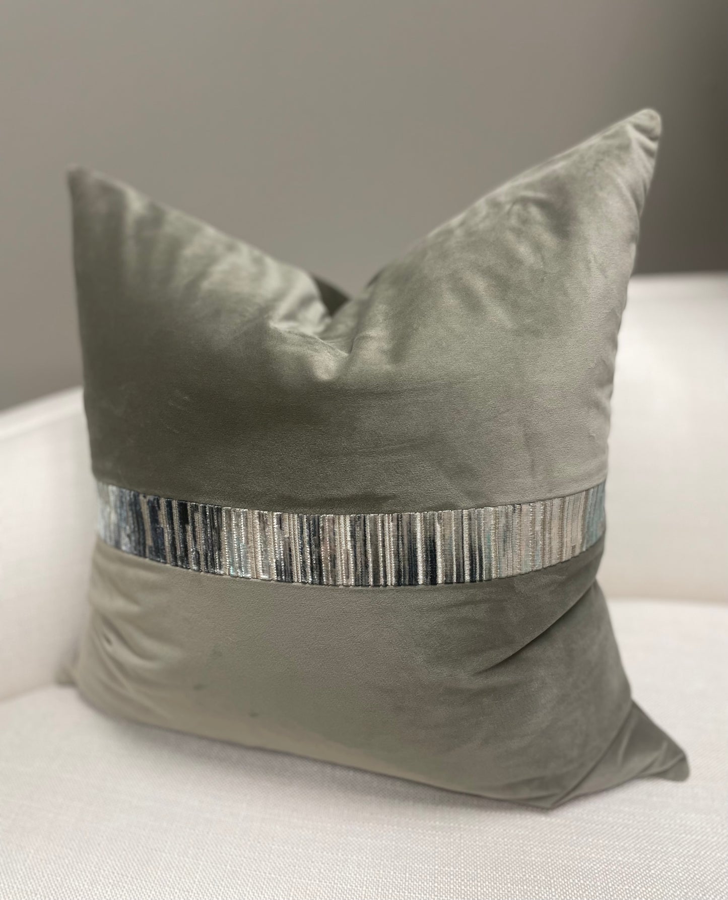 Dusk Sage Green Velvet with Velvet Stripe Accent and Leather Back