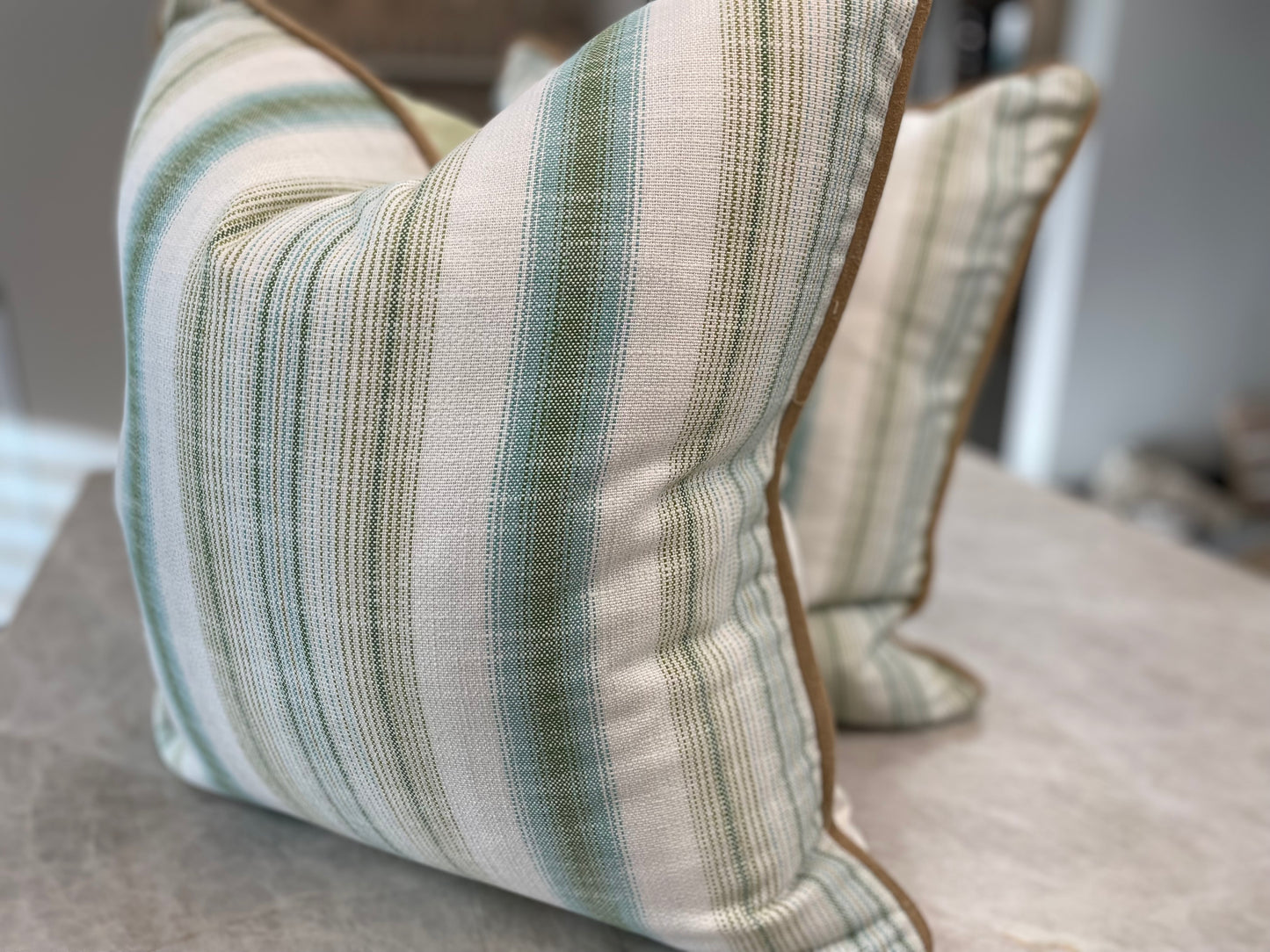 Aqua and Lime Green Linen Stripe with Suede Piping and Summer Wide Stripe Back
