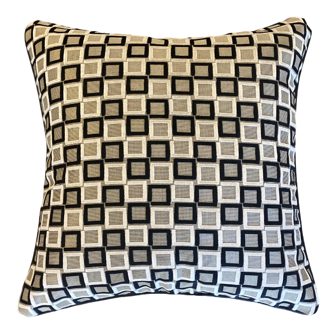 White Black and Cream Velvet Chessboard with Heavy White Linen Back and Black Leather Welt