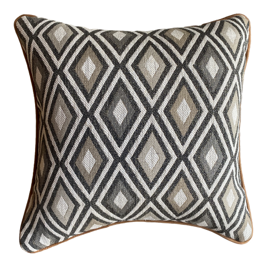 Chevron Diamond Pattern Grey and White Heavy Cotton Pillows with Saddle Leather Welt