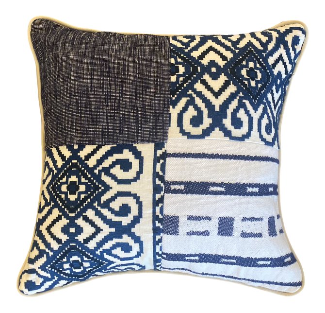 Indigo Blues Patchwork Pillow with Heavy Cotton Blue Stripe Back and Cream Suede Welt