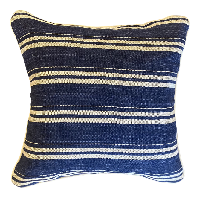 Indigo Blues Patchwork Pillow with Heavy Cotton Blue Stripe Back and Cream Suede Welt