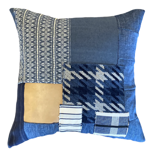 Blue Denim Multiblock Pillow with Leather Accent