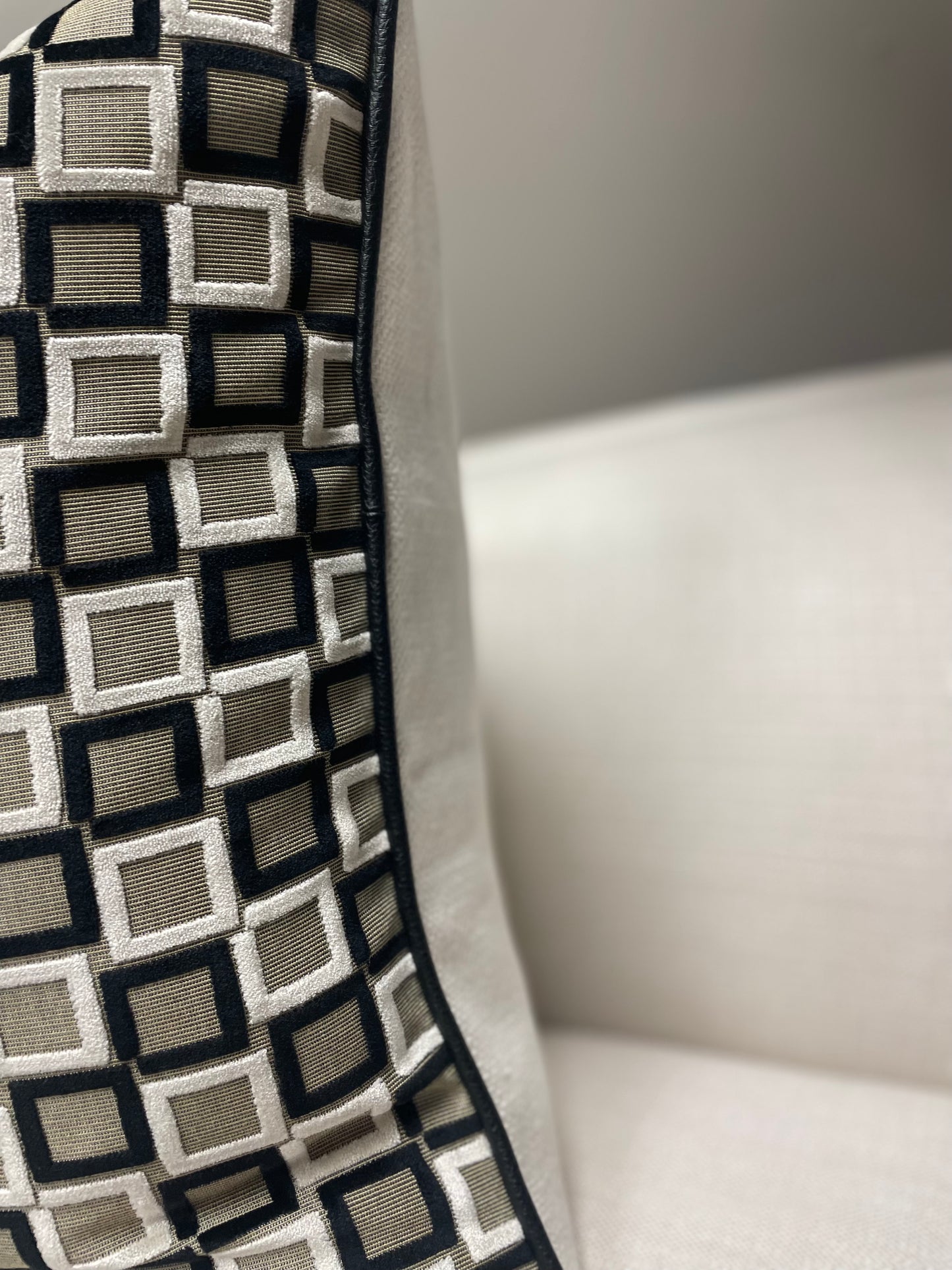 White Black and Cream Velvet Chessboard with Heavy White Linen Back and Black Leather Welt