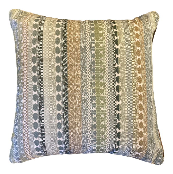 Green Pattern Linen Pillows with Bronze / Orange Velvet Back and Contrast Velvet Welt