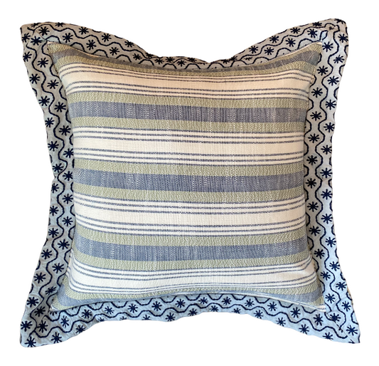 Teal and Blue Stripe Pillow with Cotton " Ticking " Flange Welt