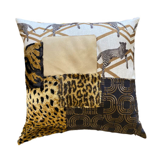 Cheetah and Company Accent Pillow with Gold Leather and Leather Handle and Army Green Linen Back