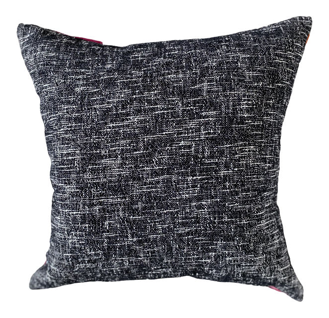Multiblock Pillow with Pink Tassel Accent and Black Linen Back