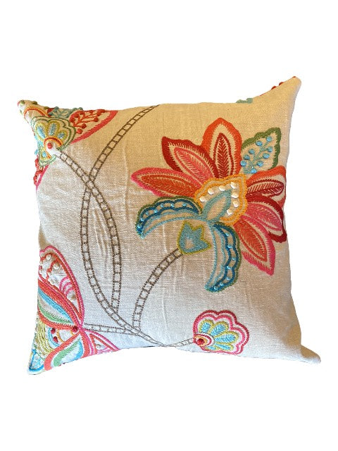 Large Raised Cotton Floral Pillow with Linen