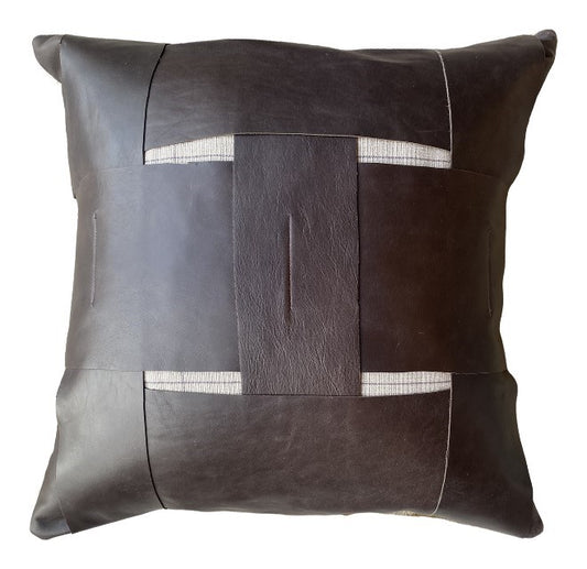 Leather Grid Pillows with Peekaboo Panel and Cotton Print Back