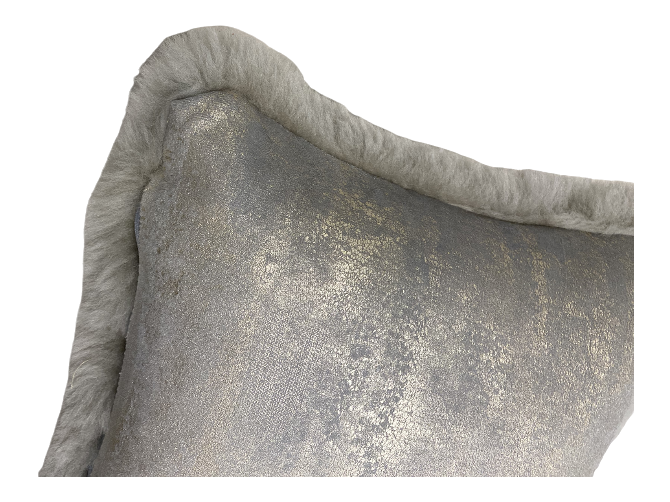 Taupe Shearling Pillow with Silver / Grey / Gold Velvet Back