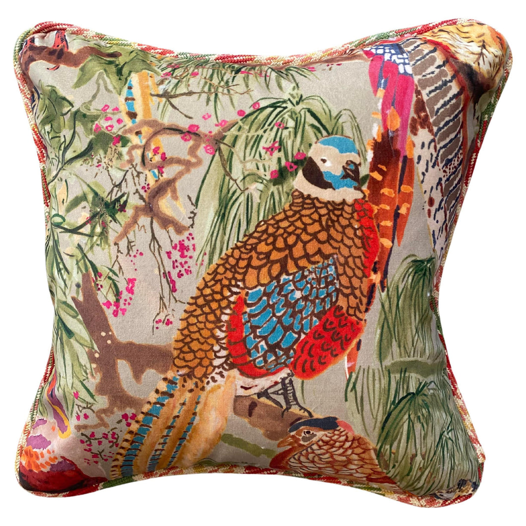 Colorful Velvet Bird Pillows with Cotton Plaid Welt and Orange Back PAIR