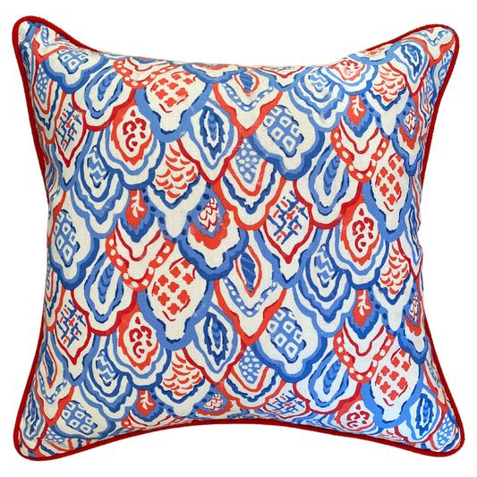 Red and Blue Festive Print with Red Piping and Heavy White Linen Back PAIR