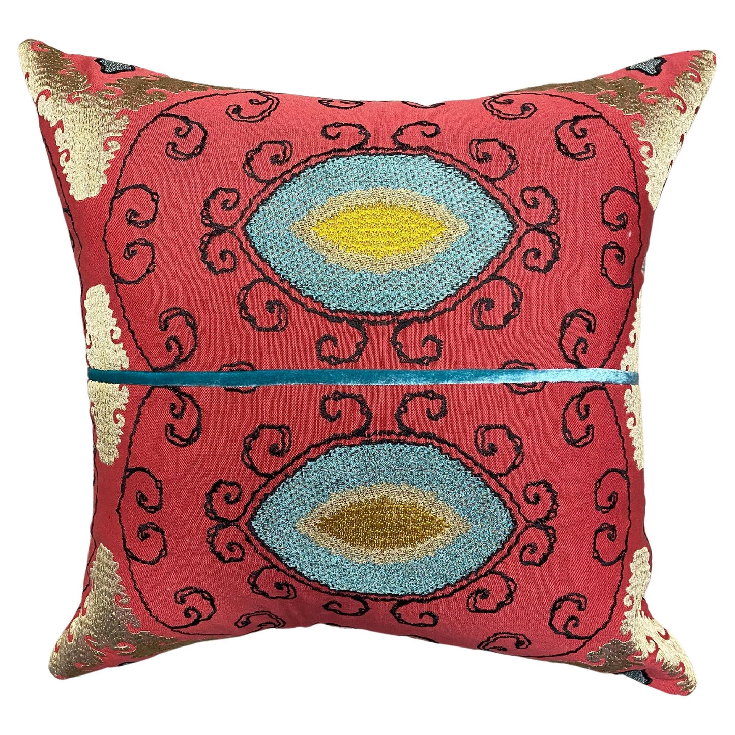 Red Tapesty Split Pillow with Teal Seeing Eye and Welt