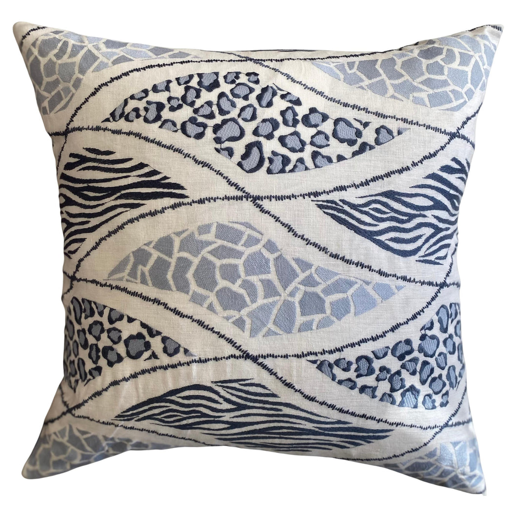 Winter Blue Crisp White Linen Cheetah Print with Cashmere Back PAIR