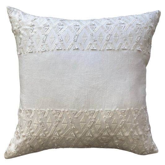 Beaded White Linen with Silk Raised Tribal Inspired Grey Pillow