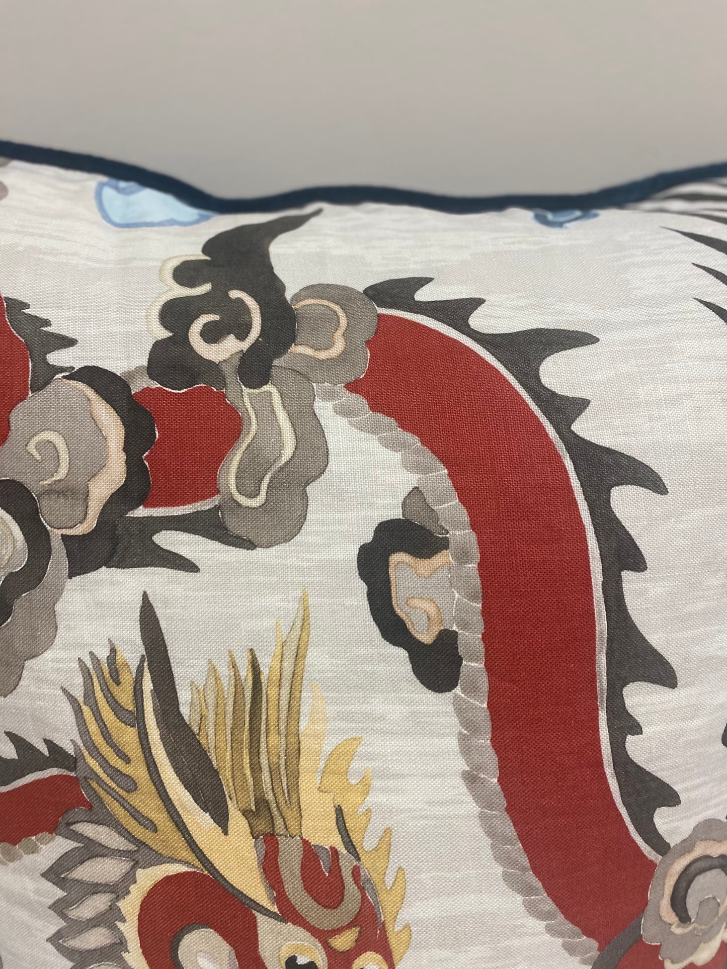 Dragon Feature Pillows Linen Print with Cobalt Blue Velvet Back